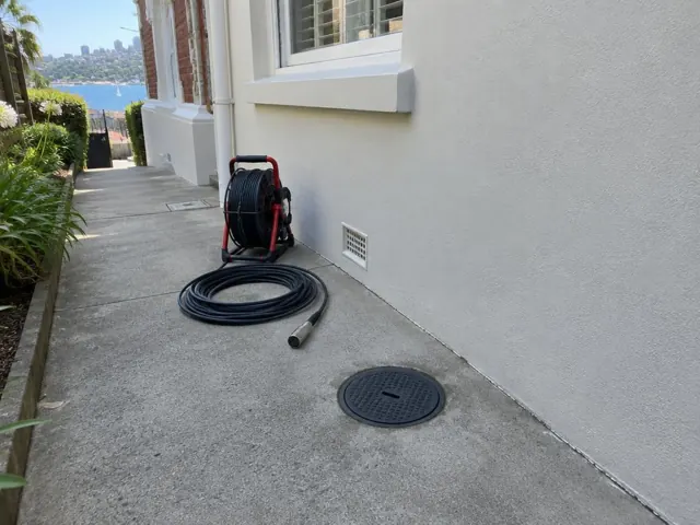 Capped drain access cover beside a coiled camera reel on a concrete side path by a house wall in Kirribilli
