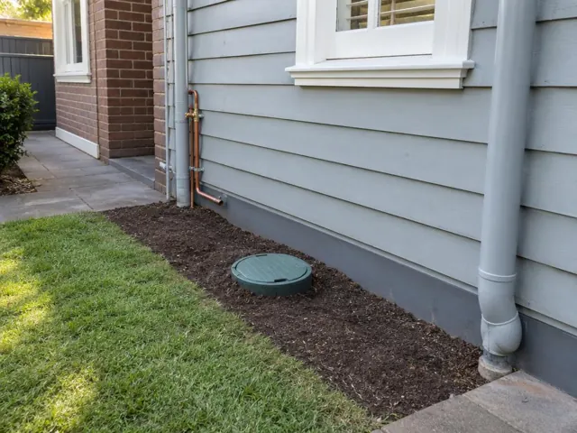 Round green capped sewer opening in a mulched side yard beside weatherboard and brick walls in Crows Nest